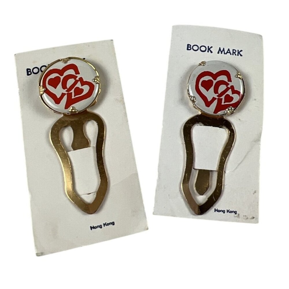 Vintage Hong Kong Metal & Enamel Heart Bookmarks‎ Set Of 2